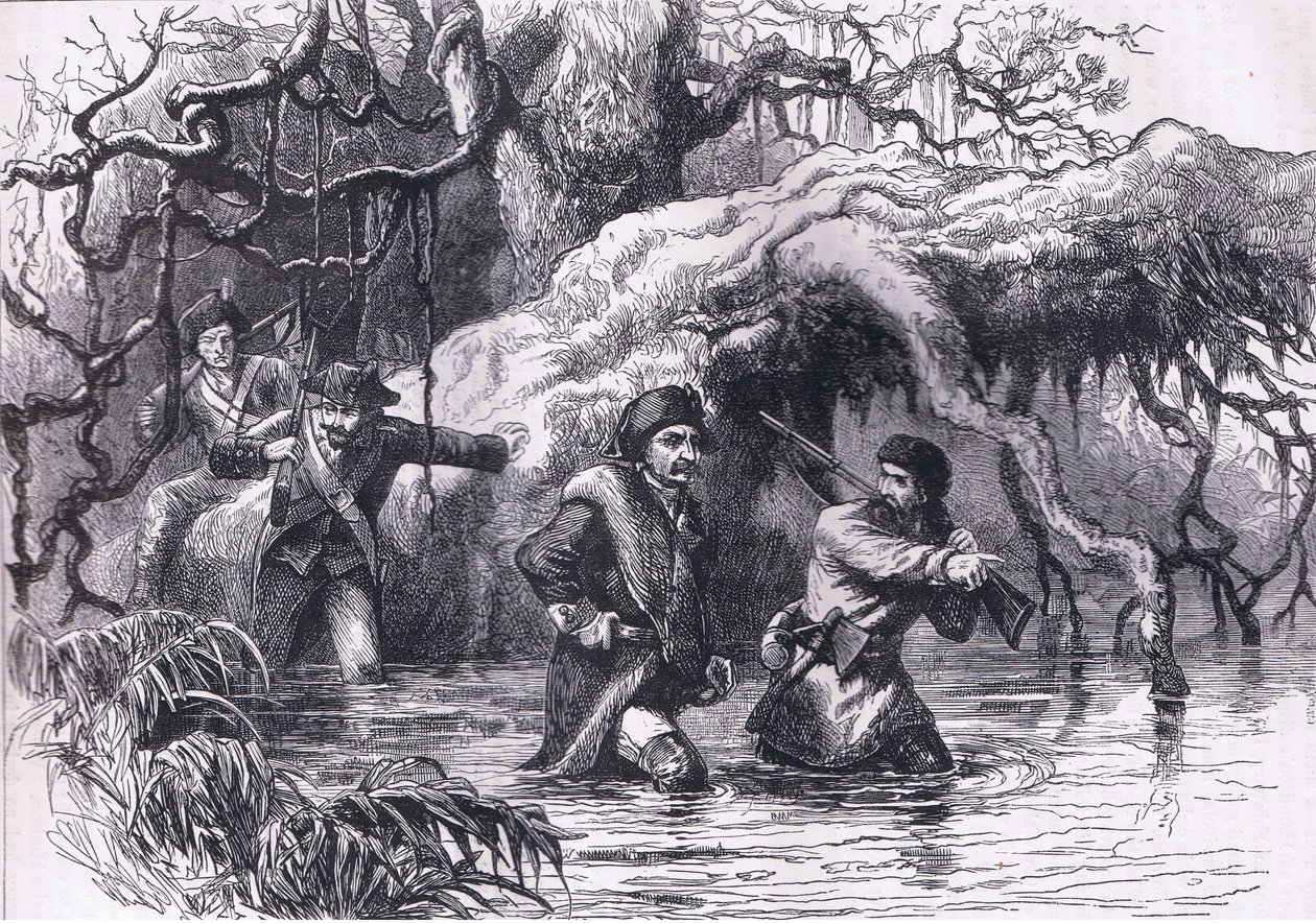 Clarke ja hänen sotilainsa ylittämässä Wabashin, kuvitus Cassells History of the United Statessta, julkaisija Cassell, Petter & Galpin, n. 1900 (litho) tekijältä American English school