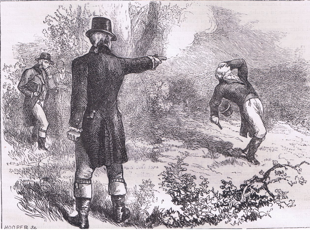 Burrin ja Hamiltonin kaksintaistelu, kuvitus Cassells History of the United Statessta, julkaisija Cassell, Petter & Galpin, n. 1900 (litho) tekijältä American English school
