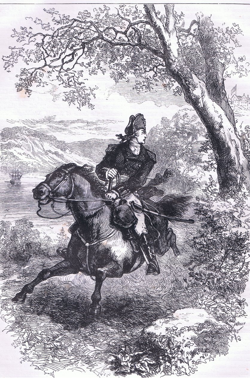 Escape of Benedict Arnold, kuvitus Cassells History of the United Statessta, julkaisija Cassell, Petter & Galpin, n. 1900 (litho) tekijältä American English school