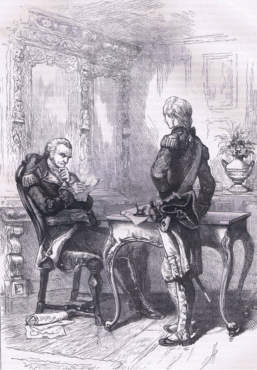Lafayette ja Washington, kuvitus Cassells History of the United Statessta, julkaisija Cassell, Petter & Galpin, n. 1900 (litho) tekijältä American English school