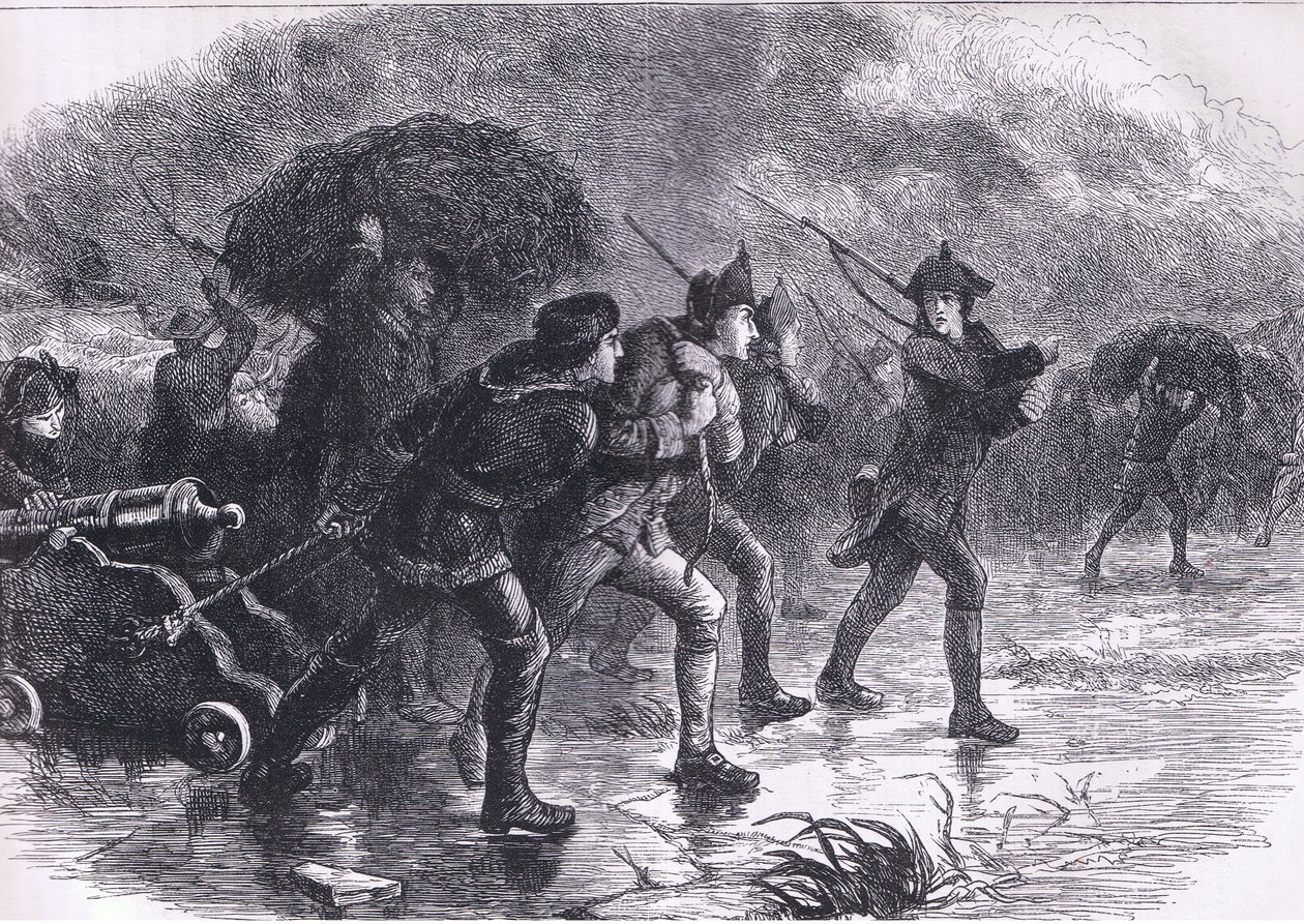 Yömaoeuvres of the Americans at Boston, kuvitus Cassells History of the United Statessta, julkaisija Cassell, Petter & Galpin, n. 1900 (litho) tekijältä American English school