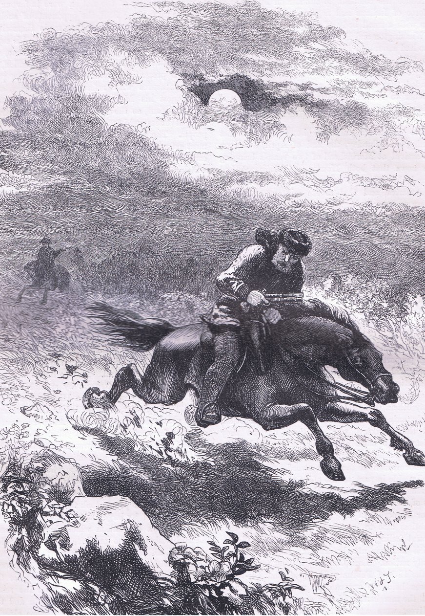 Scout Paul Reveren takaa-ajo, esimerkki Cassells History of the United Statessta, julkaisija Cassell, Petter & Galpin, n. 1900 (litho) tekijältä American English school