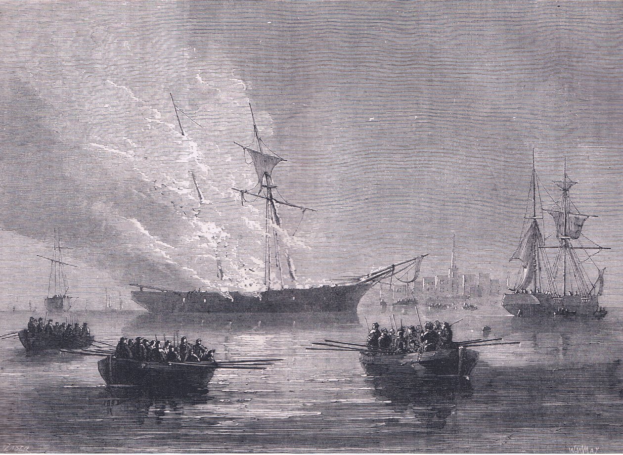 Gaspen polttaminen, kuvitus Cassells History of the United Statessta, julkaisija Cassell, Petter & Galpin, n. 1900 (litho) tekijältä American English school