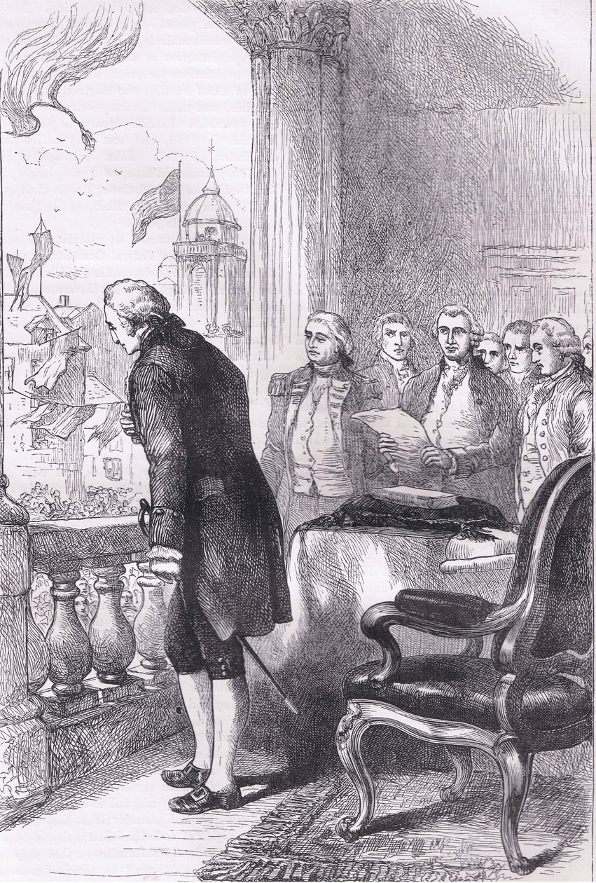 Washingtonin installaatio, kuvitus Cassells History of the United Statessta, julkaisija Cassell, Petter & Galpin, n. 1900 (litho) tekijältä American English school
