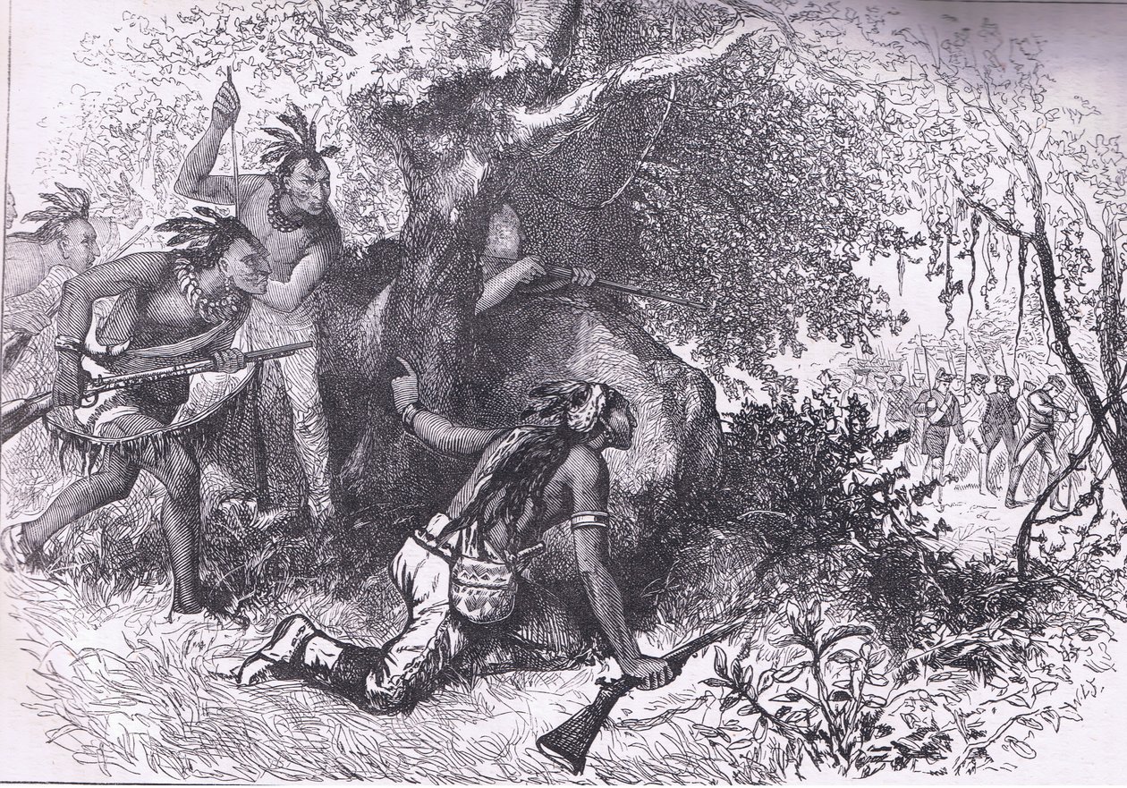 Cherokien petos 1760, kuvitus Cassells History of the United Statessta, julkaisija Cassell, Petter & Galpin, n. 1900 (litho) tekijältä American English school