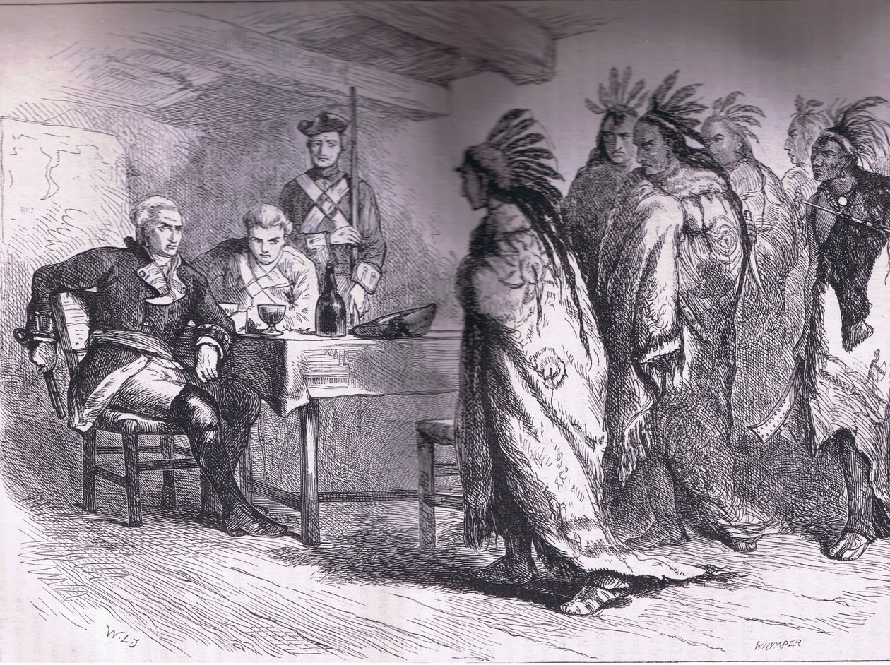 Pontiacin ja intiaanien vierailu majuri Gladwinin luona 1763, kuvitus Cassells History of the United Statessta, julkaisija Cassell, Petter & Galpin, n. 1900 (litho) tekijältä American English school