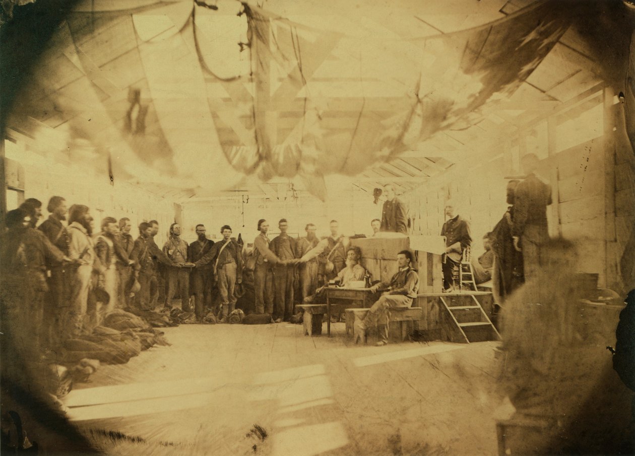 Konfederaation vankien uskollisuusvalan hallinto, Point Lookout, Maryland, 30. kesäkuuta 1865 (seepiapainettu) tekijältä American Photographer