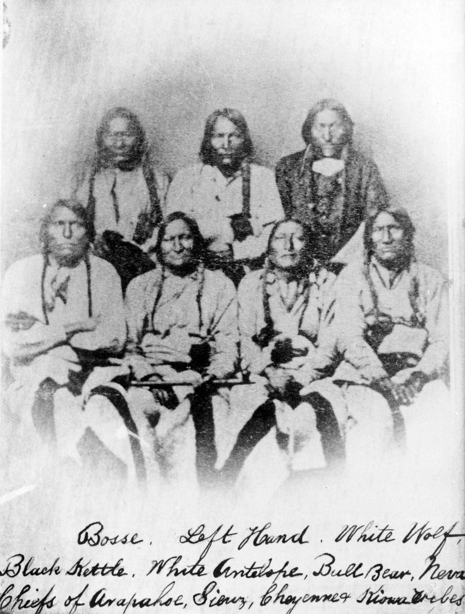 Bose, vasen käsi, valkoinen susi, musta vedenkeitin, valkoinen antilooppi, härkäkarhu, Neva: Arapahoe-, Sioux-, Cheyenne- ja Kiowa-heimojen päälliköt, n. 1860-68 tekijältä American Photographer