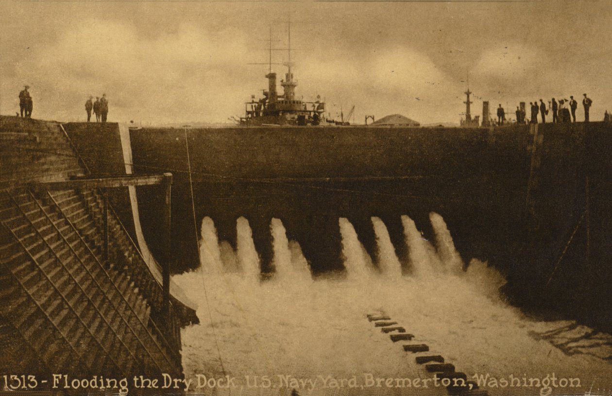 Kuivatelakan tulviminen, US Navy Yard, Bremerton, Washington, USA (s/w-kuva). tekijältä American Photographer