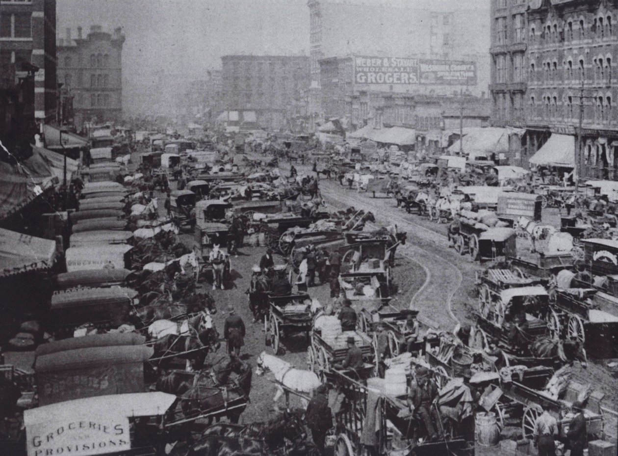 Haymarket Square täynnä hevoskärryjä, Chicago tekijältä American Photographer