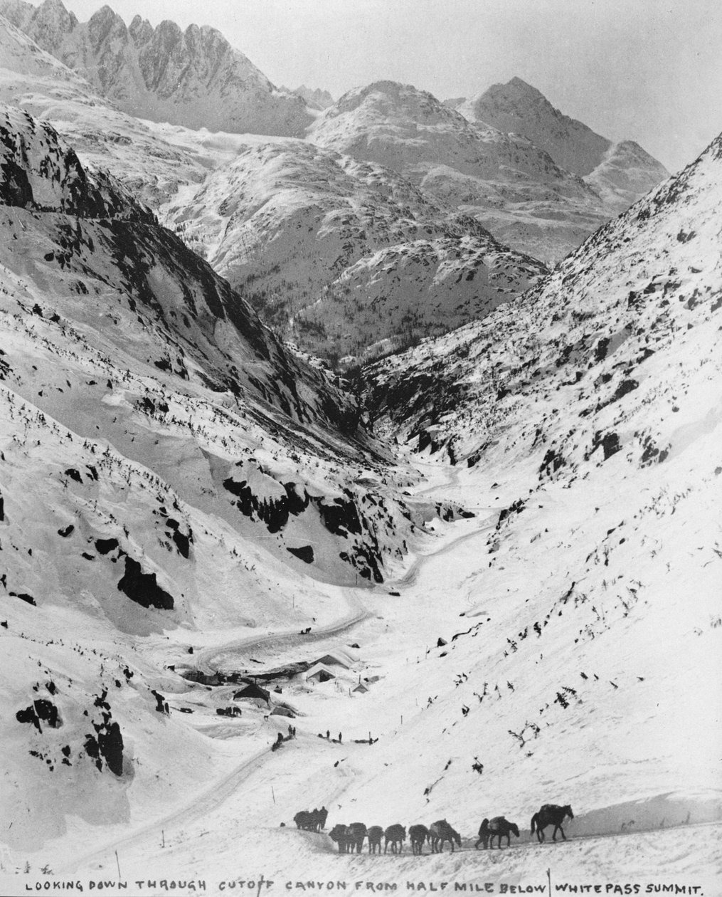 Katse alas Cutoff Canyonin läpi puolen mailia White Pass Summitin alapuolelta Klondiken kultakuumeen (1817-98) 1898 aikana (b/w kuva) tekijältä American Photographer