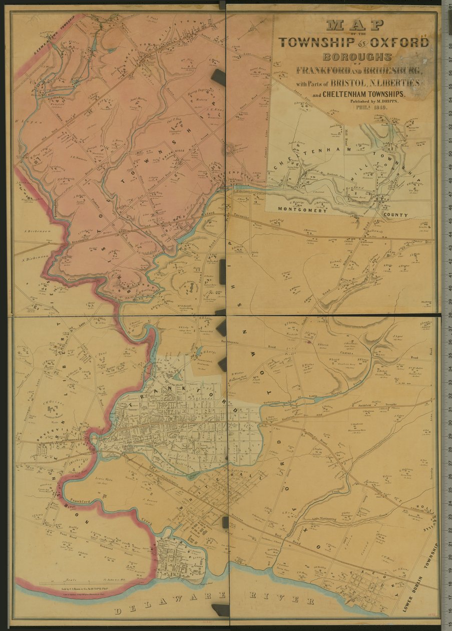 Kartta Oxfordin, Frankfordin ja Bridesburgin kaupunginosien kanssa Bristolin, N. Libertiesin ja Cheltenhamin kaupunginosien kanssa, 1849 tekijältä American Photographer
