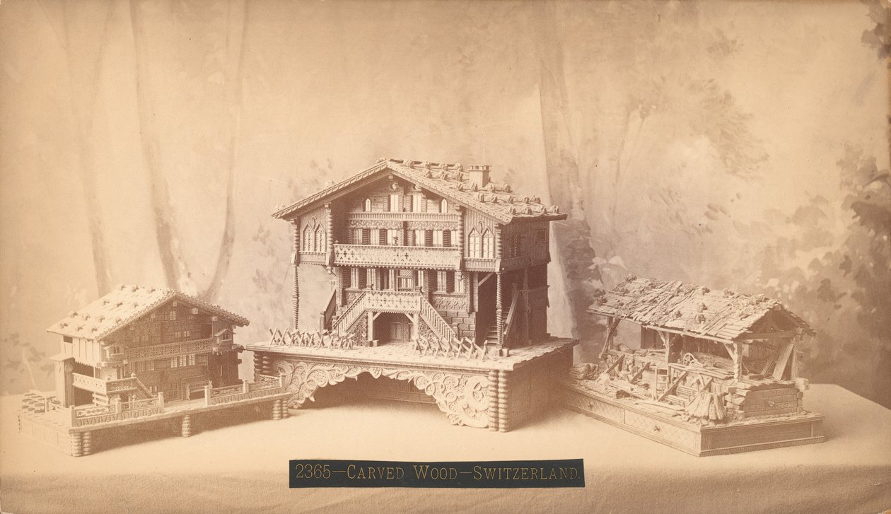 Sveitsiläiset mökit, veistetyt mallit, Philadelphia Centennial International Exhibition, 1876 (hopea-albumiprintti) tekijältä American Photographer