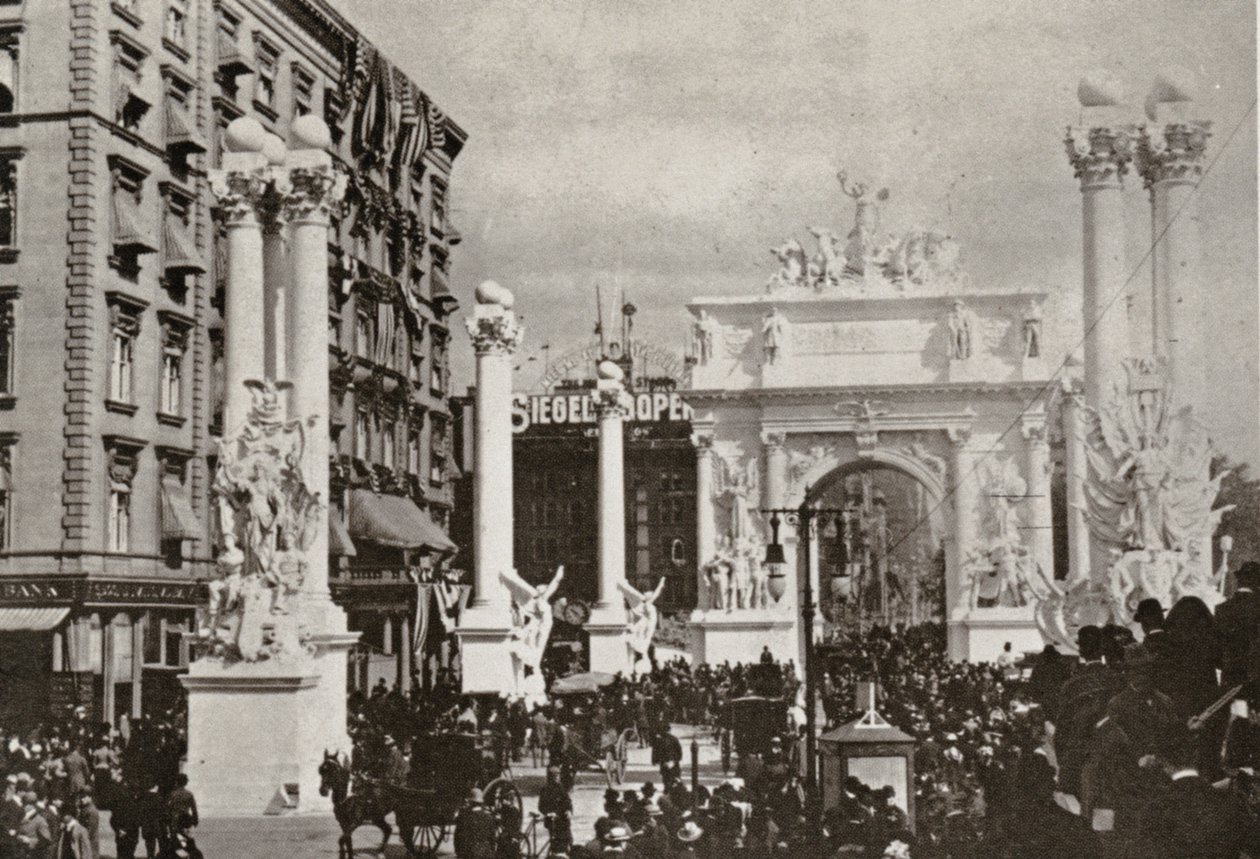 Dewey Arch Fifth Avenue -hotellin edessä osoitteessa 23rd St., New York City, juhlii voittoa Espanjasta 1899 tekijältä American Photographer