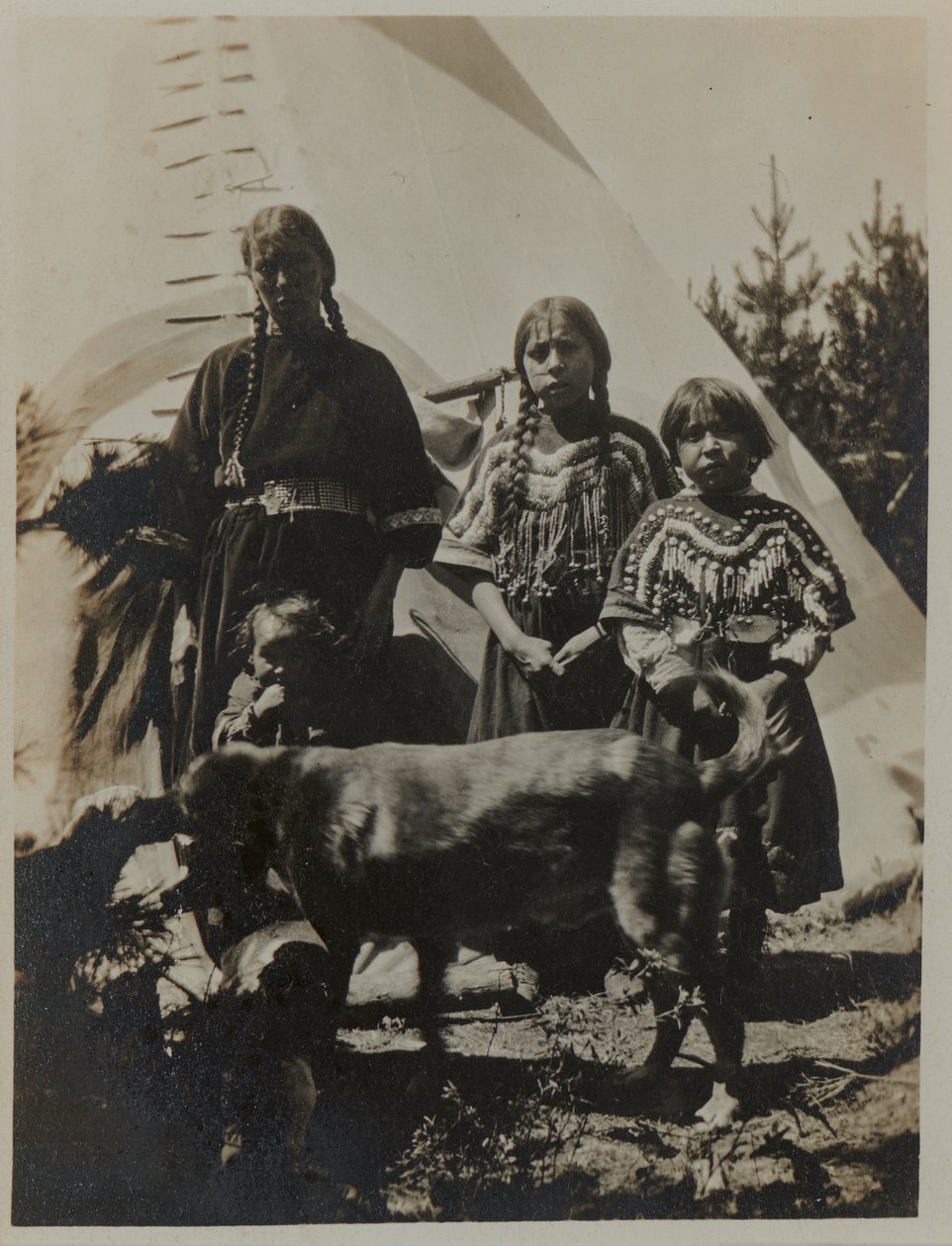 Nainen, kaksi tyttöä ja lapsi koiran kanssa, n. 1900. Gelatiinihopeavalokuva tekijältä American Photographer