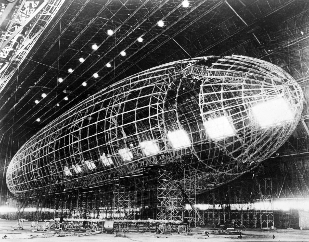 Worlds Largest Dirigible valmistumassa, julkaistu 1930-luvulla tekijältä American Photographer