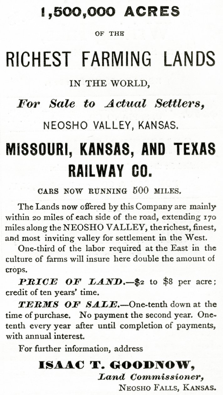 1 500 000 eekkeriä maailman rikkaimpia maatalousmaita Neosho Valleyssa, Kansasissa, Appletons Journalin mainos, 4. toukokuuta 1872 tekijältä American School