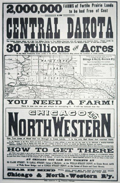 "30 Millions of Acres" ilmaiseksi Keski-Dakotassa, n. 1870 (litho) tekijältä American School