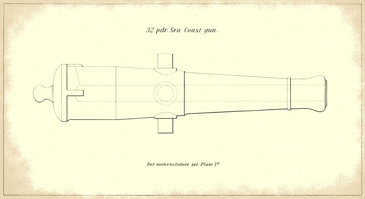 32 punnan merenrantapistoolin piippu, otettu virallisesta Yhdysvaltain armeijan raskaan tykistön ohjekirjasta, 1850-51 tekijältä American School
