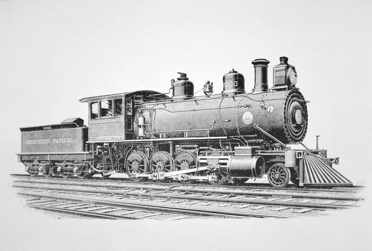 2-8-0 Consolidation -tyyppinen veturi, jonka Baldwin rakensi kesäkuussa 1889 Northern Pacific Railwaylle (litho) tekijältä American School