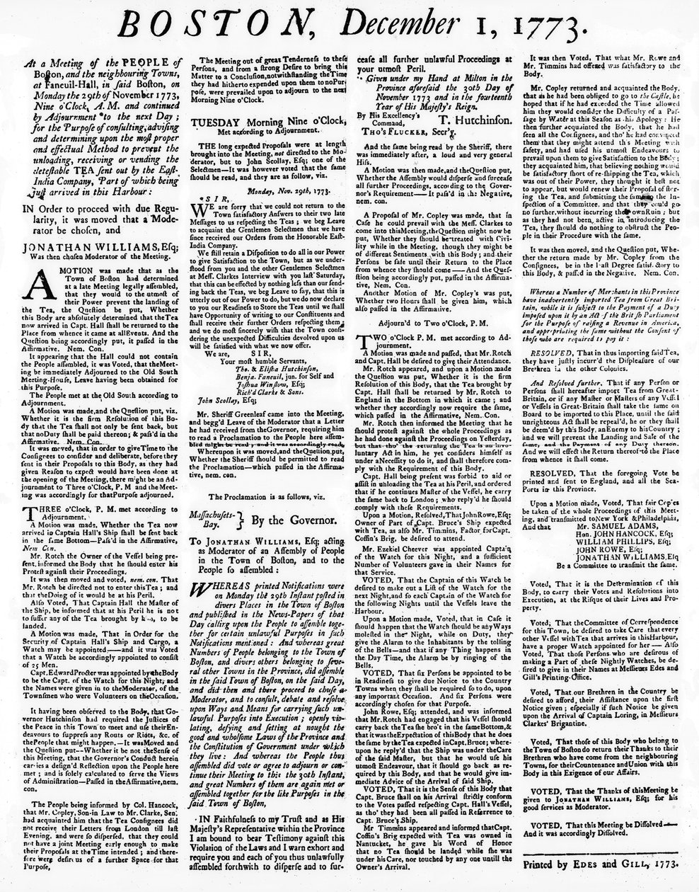 Broadside-sanomalehti, joka kertoo Bostonin teekutsujen tapahtumista joulukuussa 1773 (tulostus) tekijältä American School