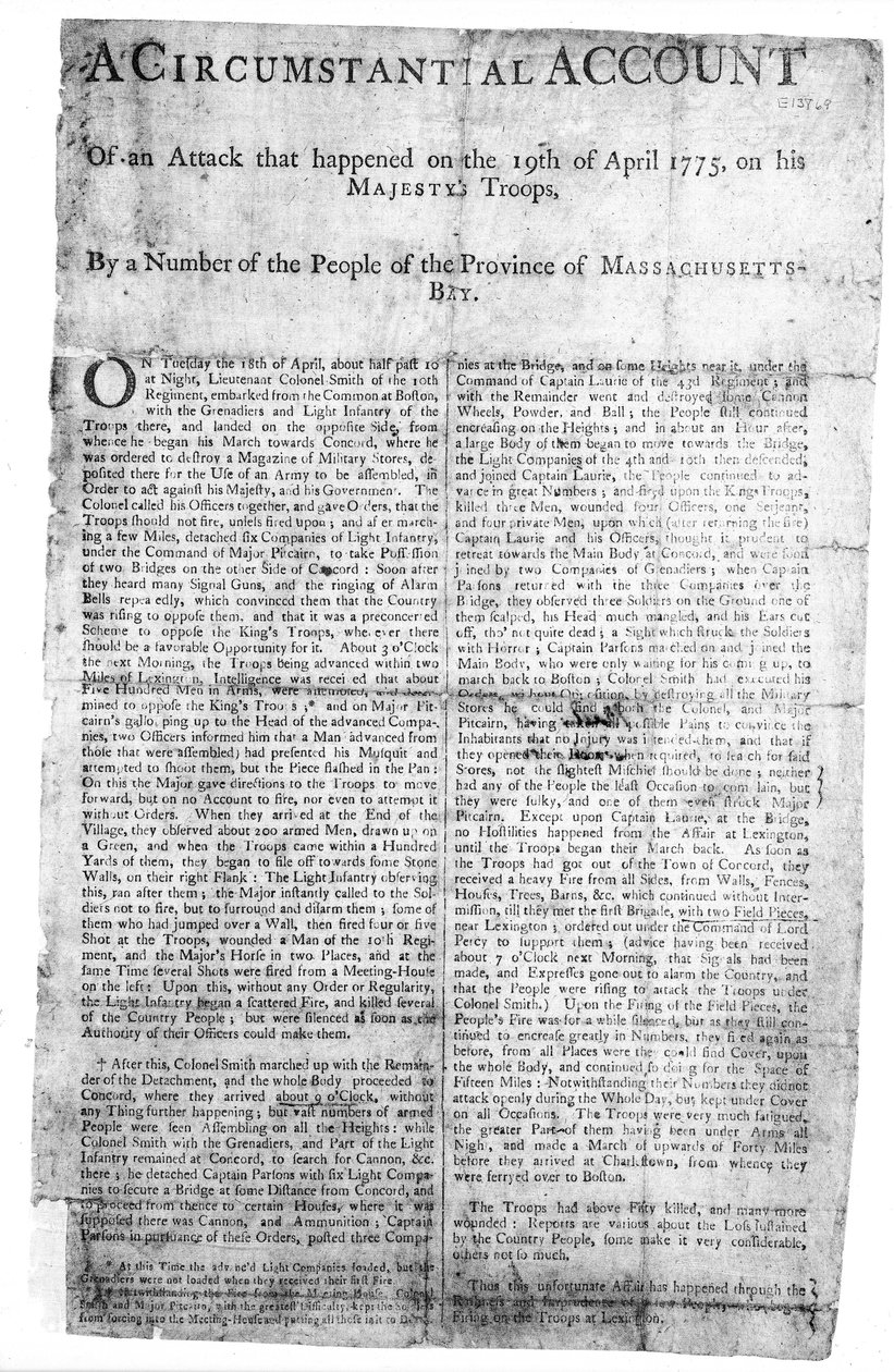 Tilannekertomus hyökkäyksestä..., painettu 1775 (painettu) tekijältä American School