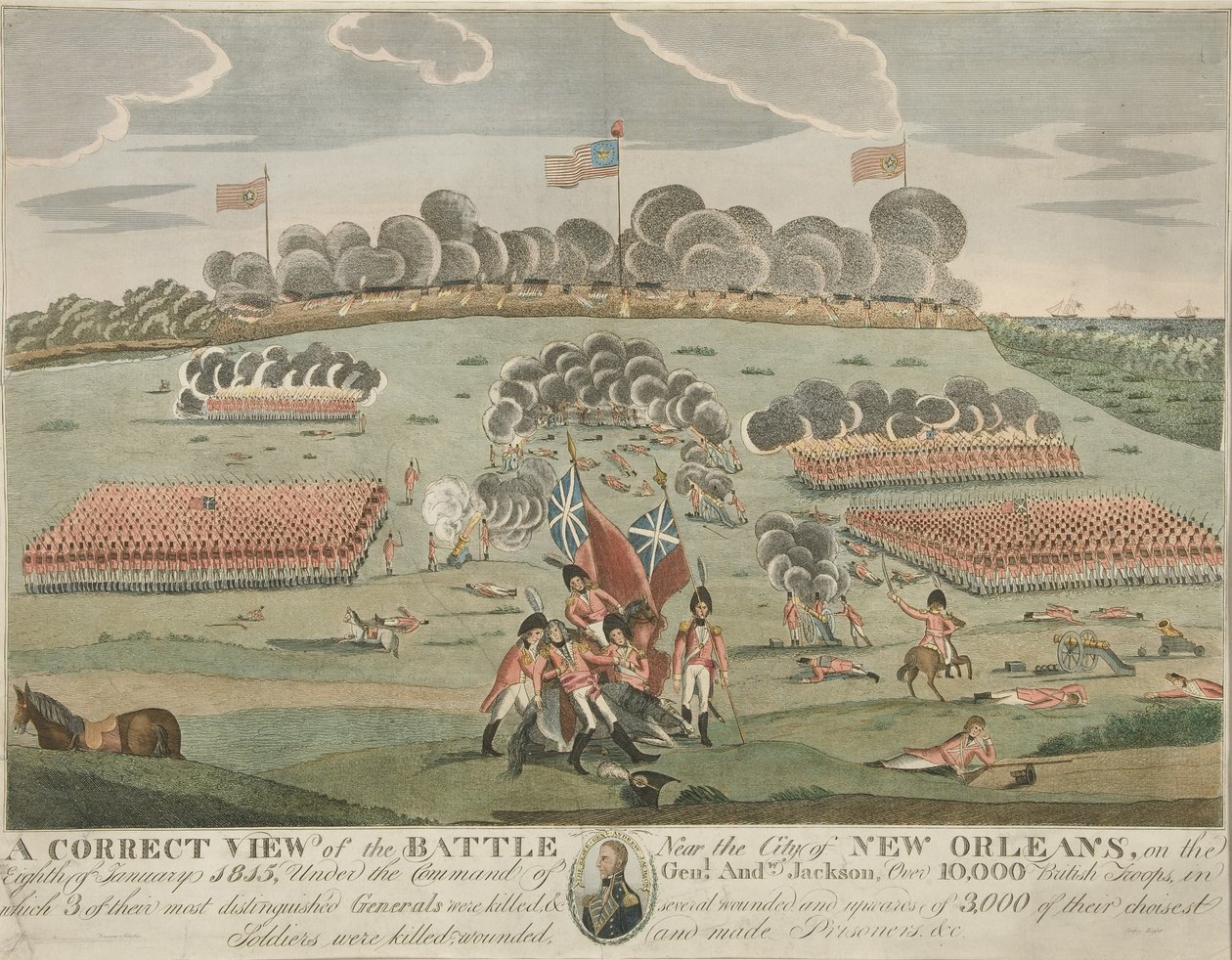 Oikea näkymä taistelusta lähellä New Orleansin kaupunkia, pubi. n. 1815 (käsin värillinen kaiverrus) tekijältä American School