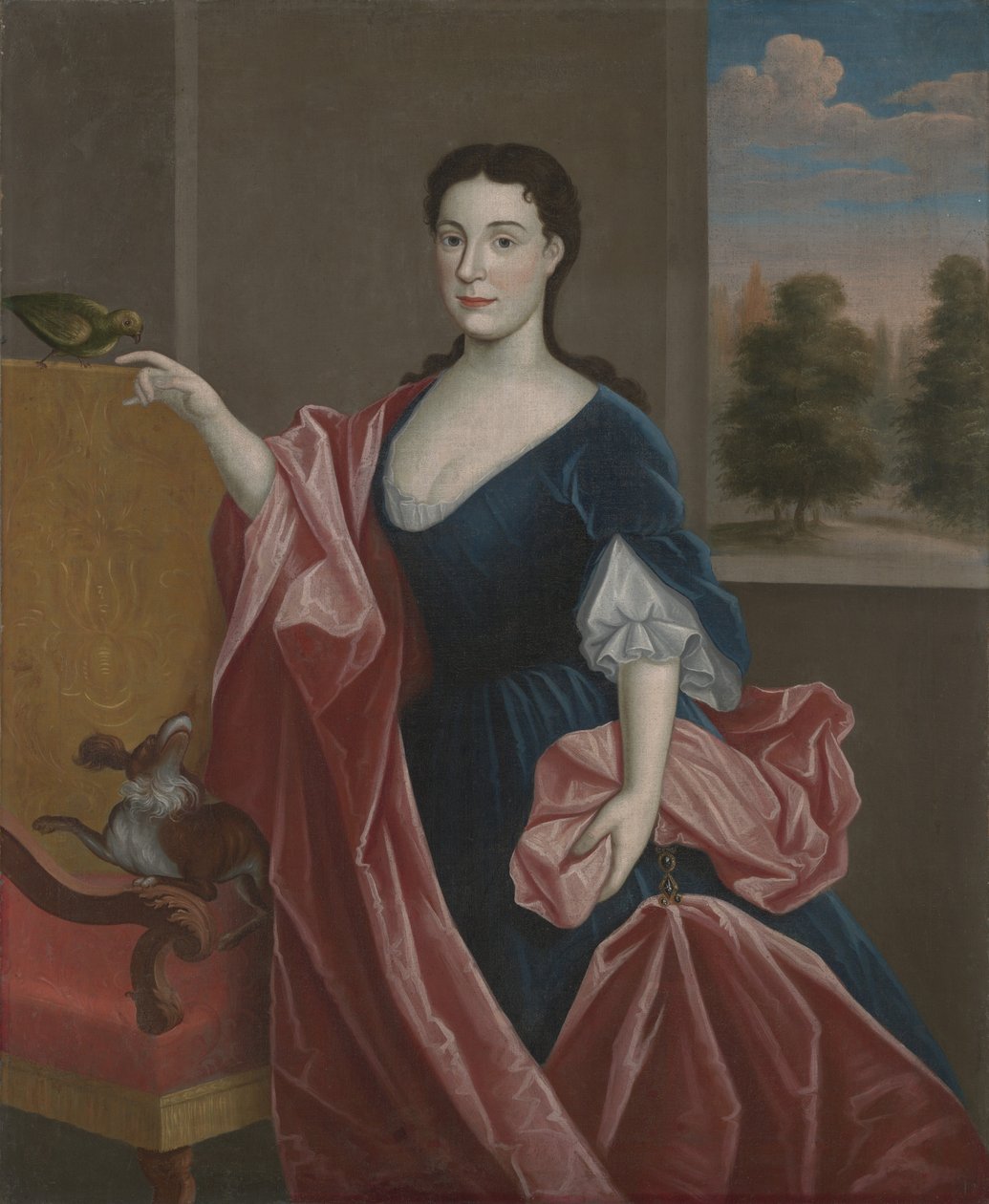 Hudson Valley Lady koiran ja papukaijan kanssa, n. 1720-30 tekijältä American School