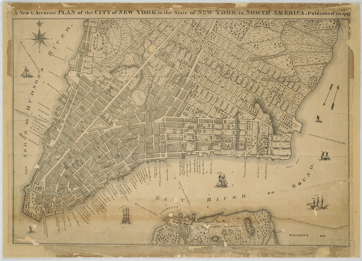 New Yorkin kaupungin uusi ja tarkka suunnitelma New Yorkin osavaltiossa Pohjois-Amerikassa, Julkaistu 1797, 1797 (musta ja värillinen muste paperille, taustakangas) tekijältä American School