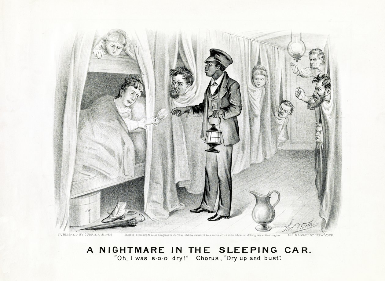 Painajainen makuuvaunussa: Voi, olin niin kuiva! Kuoro: Dry up and bust., julkaistu n.1875 (litho) tekijältä American School