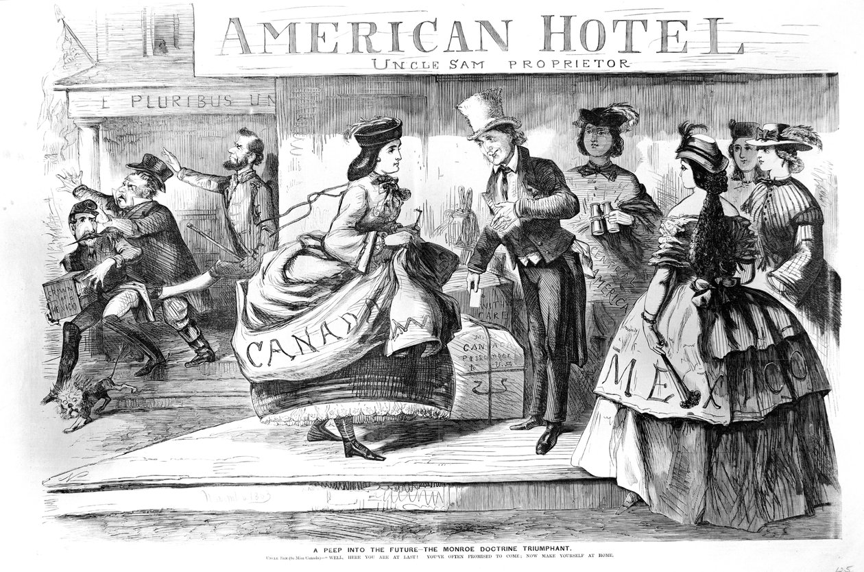 Kurkistus tulevaisuuteen - Monroe Doctrine Triumphant sarjakuva Frank Lesliesin Budget of Fun, marraskuu 1863 tekijältä American School