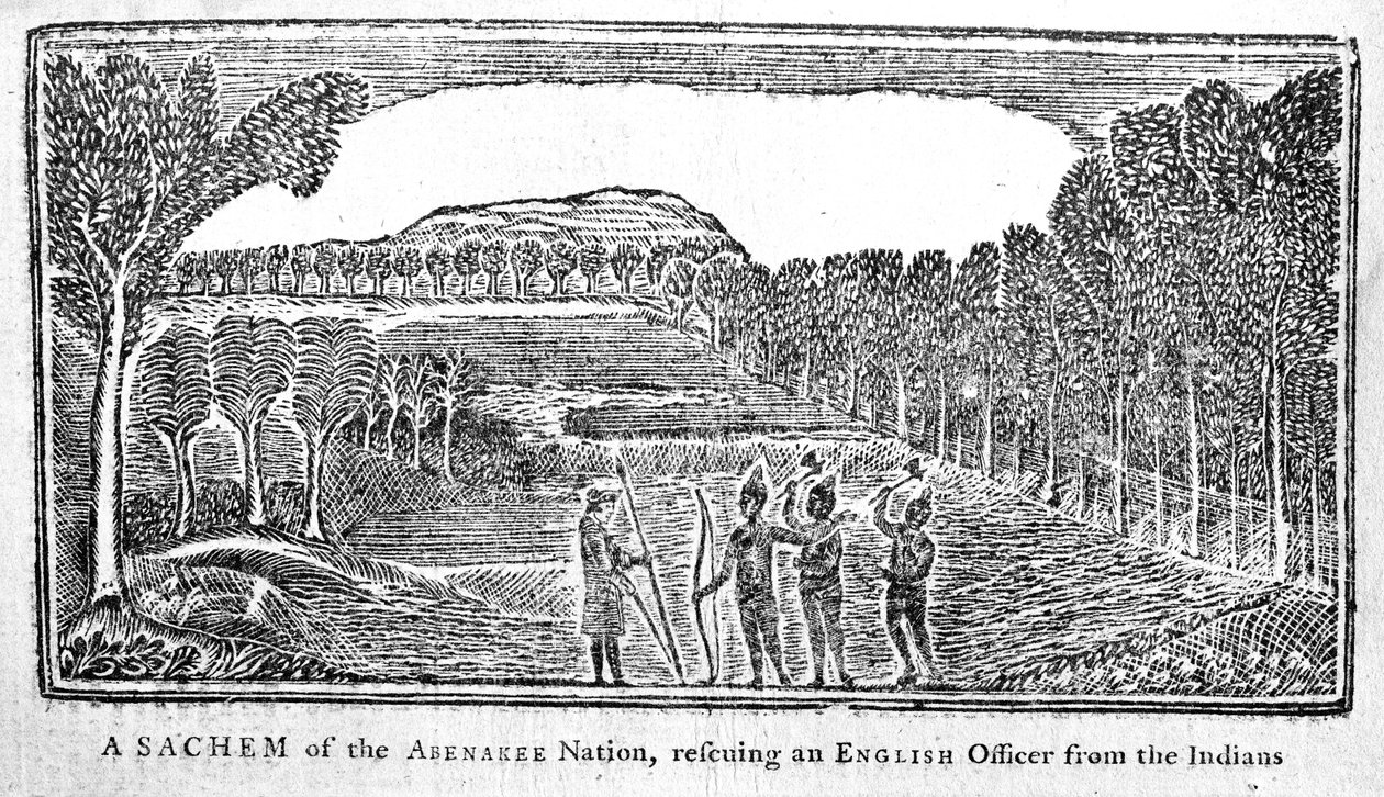 Abenakee Nationin Sachem pelastamassa englantilaista upseeria, kuva Bickerstaffs Boston Almanackista, julkaistu 1768 tekijältä American School