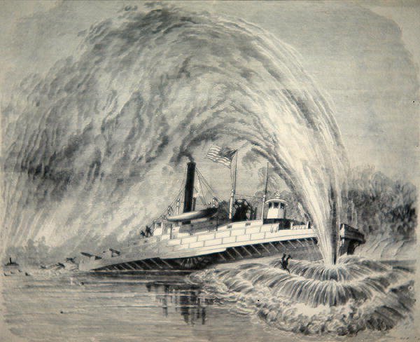 Torpedo räjähtää liittovaltion tykkiveneen "Commodore Barney" alla James Riverillä, 4. elokuuta 1863 (viivakaiverrus) tekijältä American School
