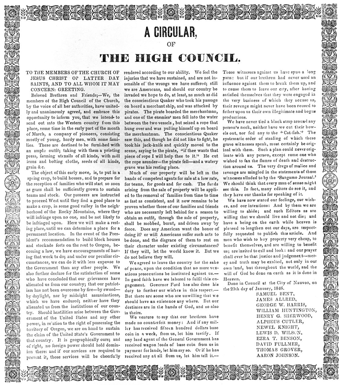 Myöhempien Aikojen Pyhien Jeesuksen Kristuksen Kirkon korkean neuvoston kiertokirje, 1846 (painettu) tekijältä American School