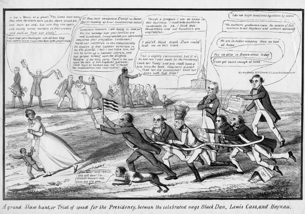 Suuri orjametsästys eli nopeuden koetus presidentin virkaan kuuluisien naapureiden Black Danin, Lewis Cassin ja Haynaun välillä, julkaisija T.C., New York, n. 1852 tekijältä American School