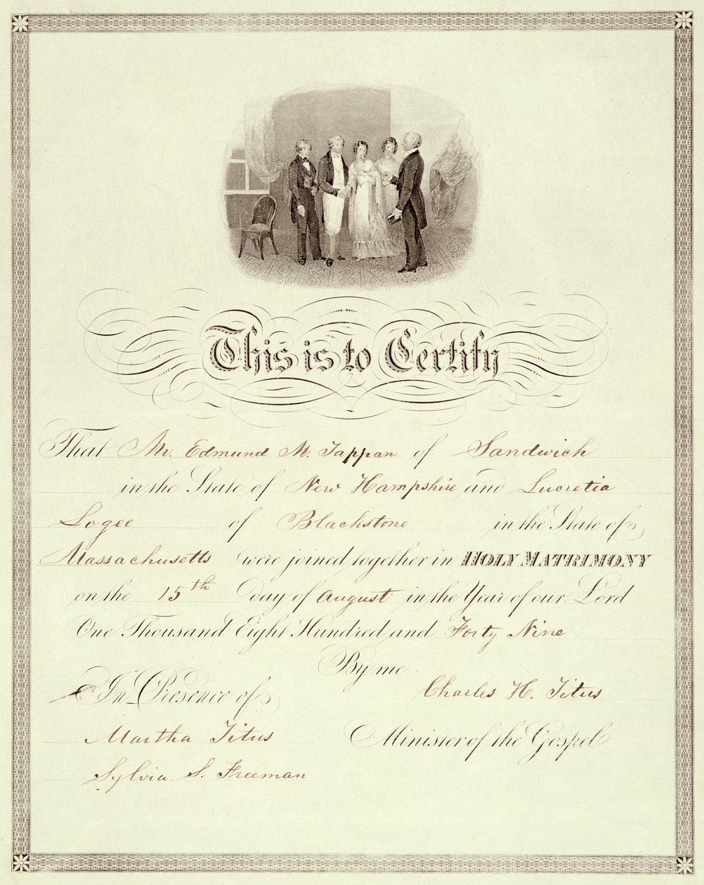 Vihkitodistus vuodelta 1849 tekijältä American School