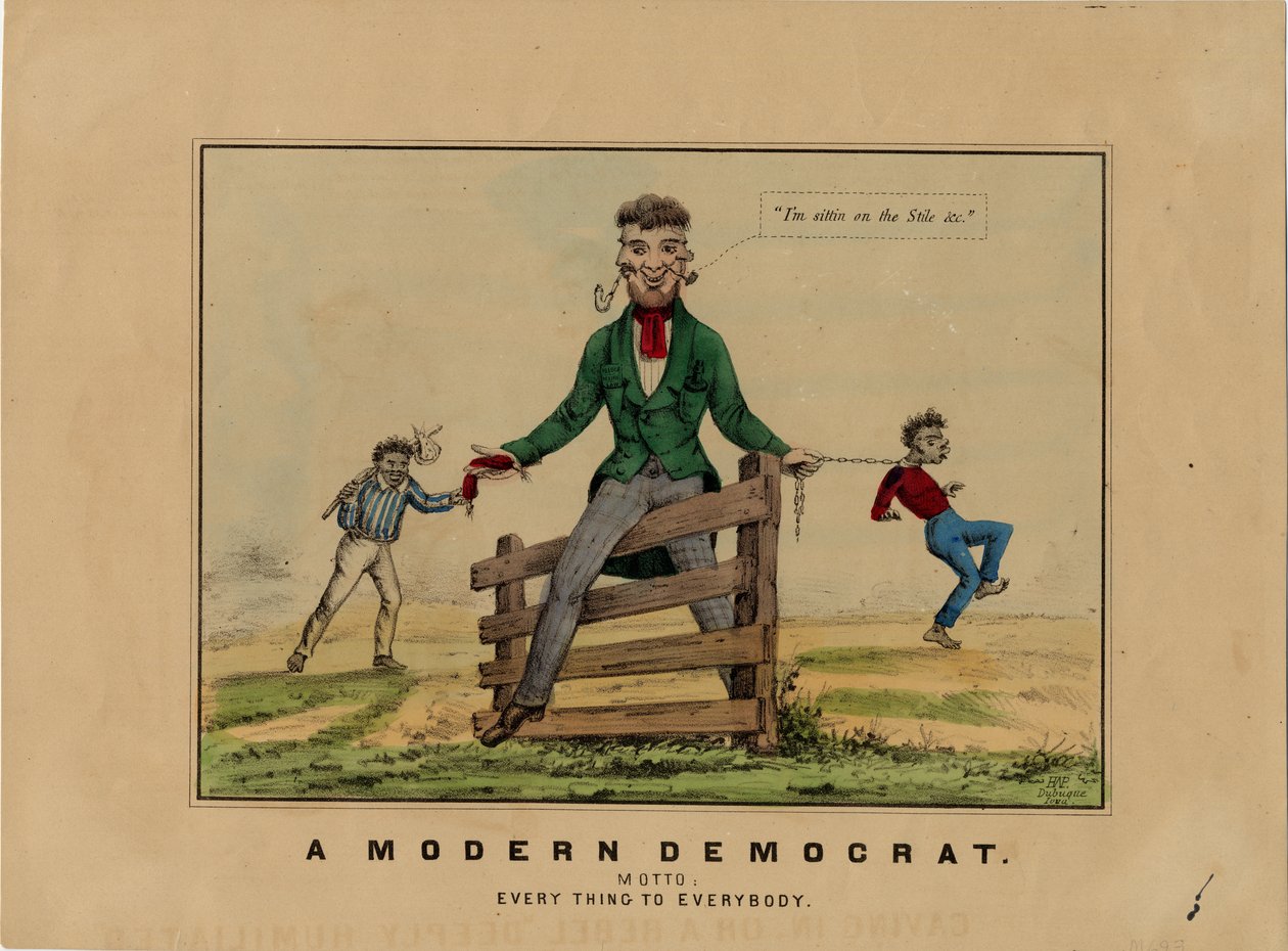 Moderni demokraatti: motto: kaikki kaikille, kiveen allekirjoitettu: HAP, julkaistu Dubuquessa, Iowassa, n. 1860 tekijältä American School