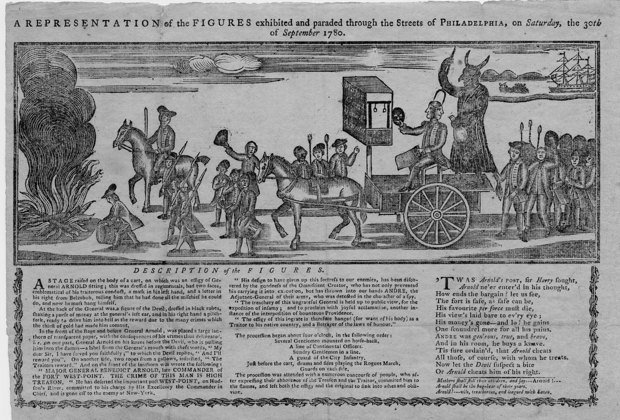 Esitys hahmoista, jotka oli esillä ja kuljetettiin Philadelphian kaduilla lauantaina, 30. syyskuuta 1780 tekijältä American School