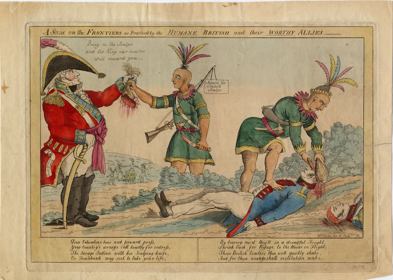 Kohtaus rajoilla inhimillisten brittien ja heidän arvoisten liittolaistensa harjoittamana, n. 1813 (käsinvärinen etsaus) tekijältä American School