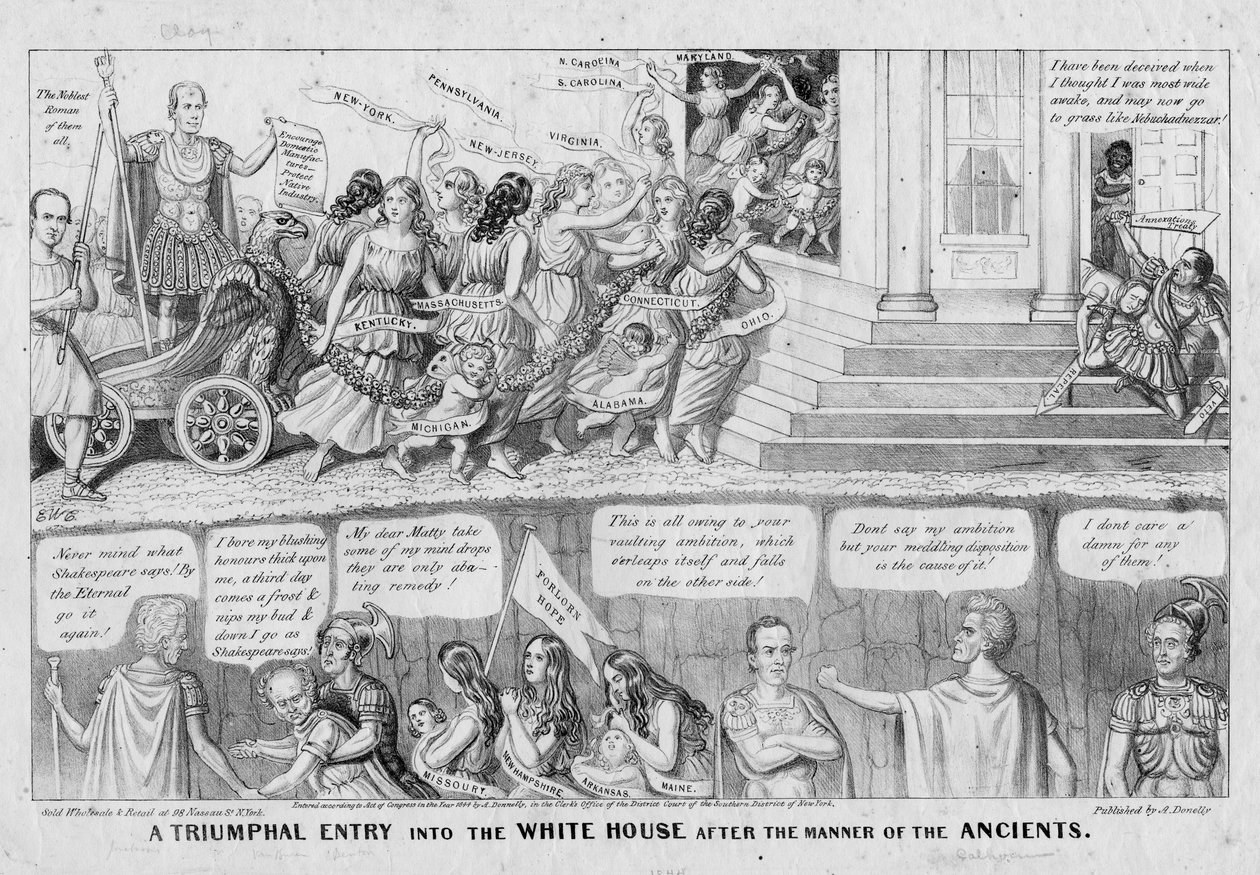 Voittoisa sisääntulo Valkoiseen taloon muinaisten tapaan, julkaissut A Donnelly, New York, 1844 tekijältä American School