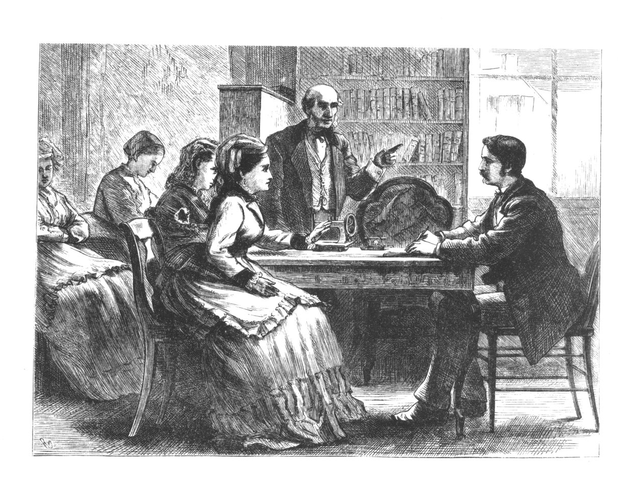 Nainen neuvottelee tehtaanjohtajan kanssa Susan B. Anthonyn uuden Working Womens Protective Associationin neuvonantajan avustamana, 1860-70-luvut tekijältä American School