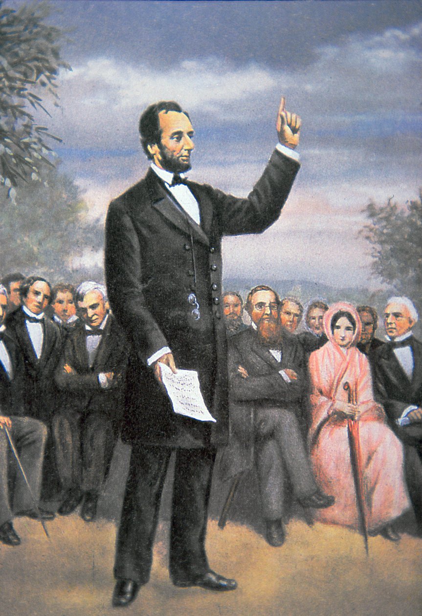 Abraham Lincoln (1809-65) piti Gettysburgin osoitteen Gettysburgissa, Pennsylvaniassa, marraskuussa 1863 (väri litho) tekijältä American School