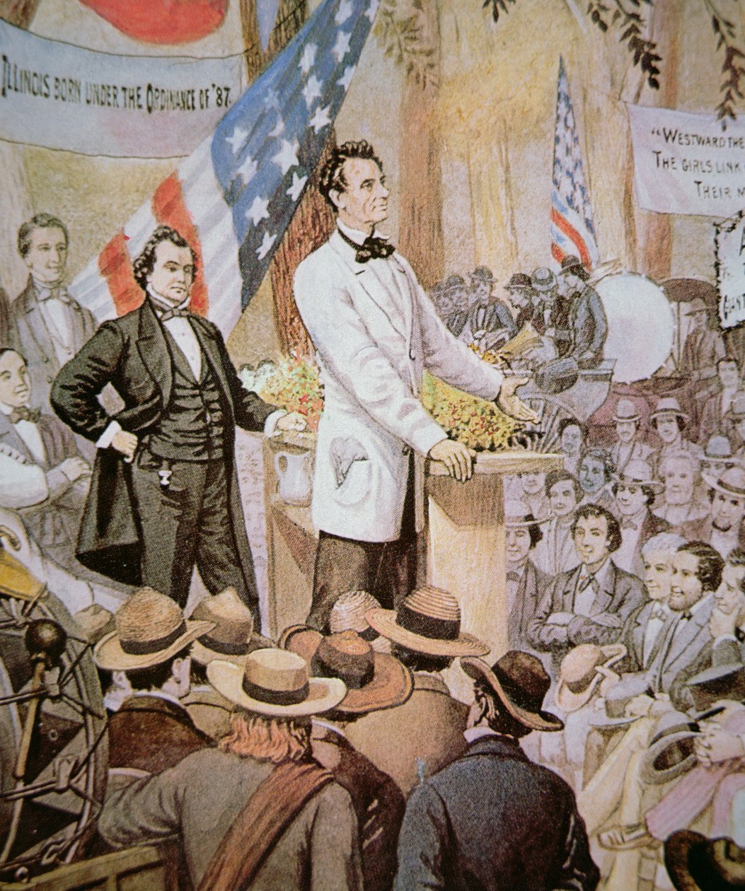Abraham Lincoln (1809-65) julkisessa keskustelussa Stephen A. Douglasin (1813-61) kanssa Illinoisissa tekijältä American School