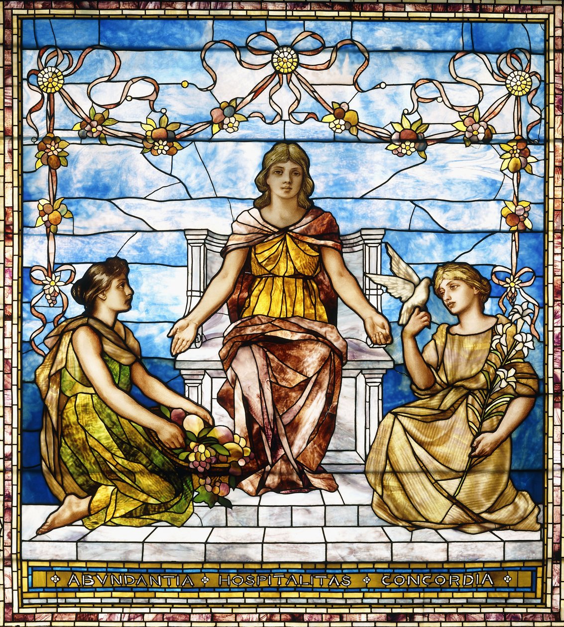 "Abundance, Hospitality, Concordia", n. 1890 (lyijylasi-ikkuna) tekijältä American School