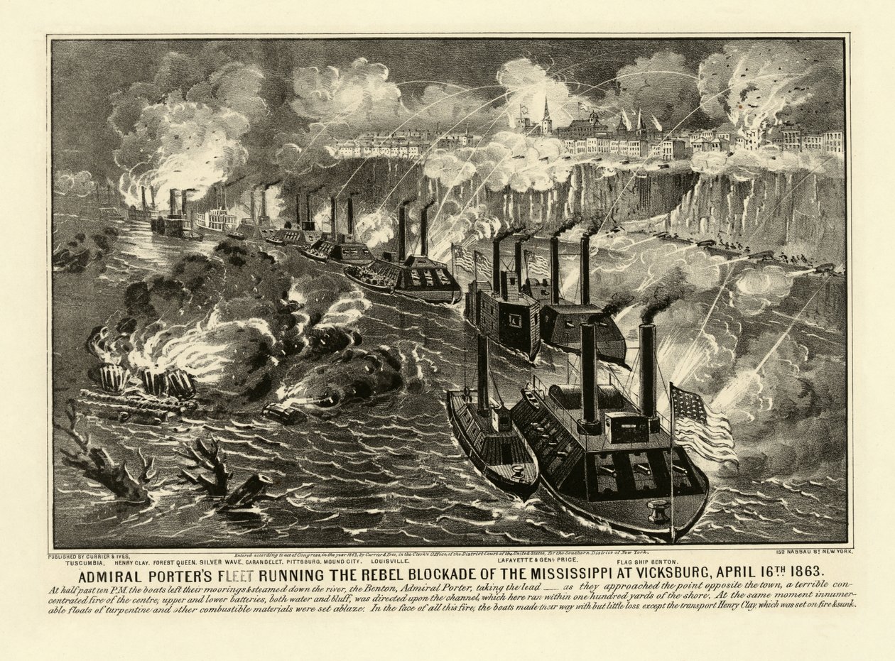 Admiral Porterin laivasto ajamassa Mississippin kapinallissaartoa Vicksburgissa, 16. huhtikuuta 1863, pub. 1863 (kaiverrus) tekijältä American School