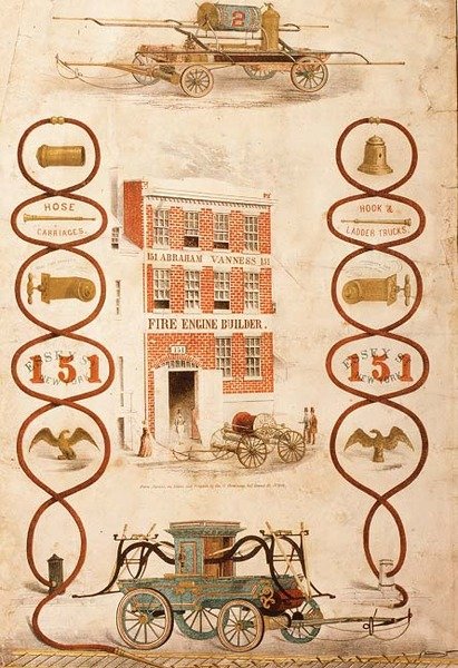 Ilmoitus Abraham Vannessille, paloautojen rakentajalle ja sammutusvälineiden valmistajalle, pubi. tekijältä Geo. G. Gratacap, New York, n. 1850 (litho) tekijältä American School