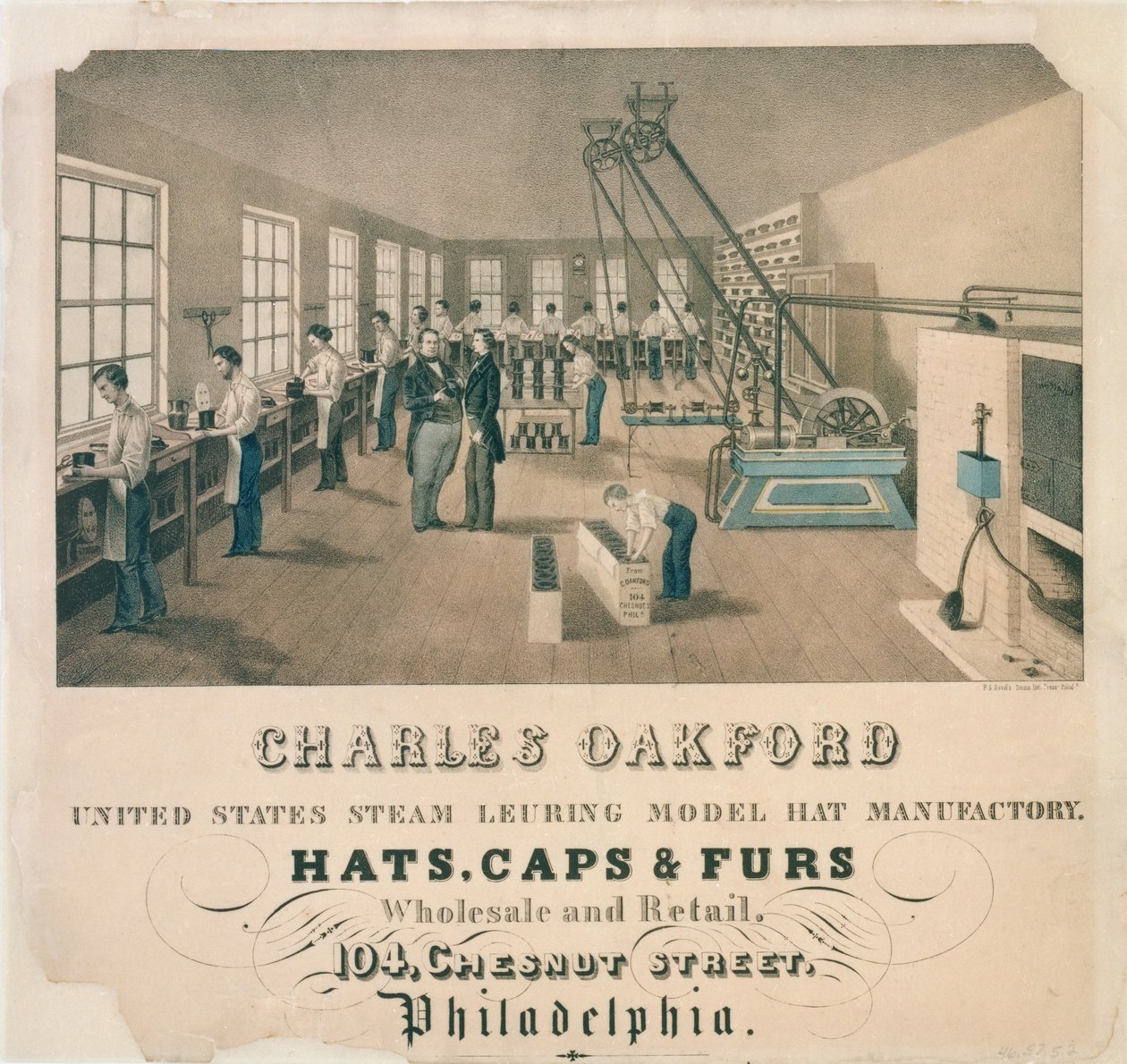 Mainos Charles Oakfordille, Hat Manufacturer, Philadelphia, n. 1850 tekijältä American School