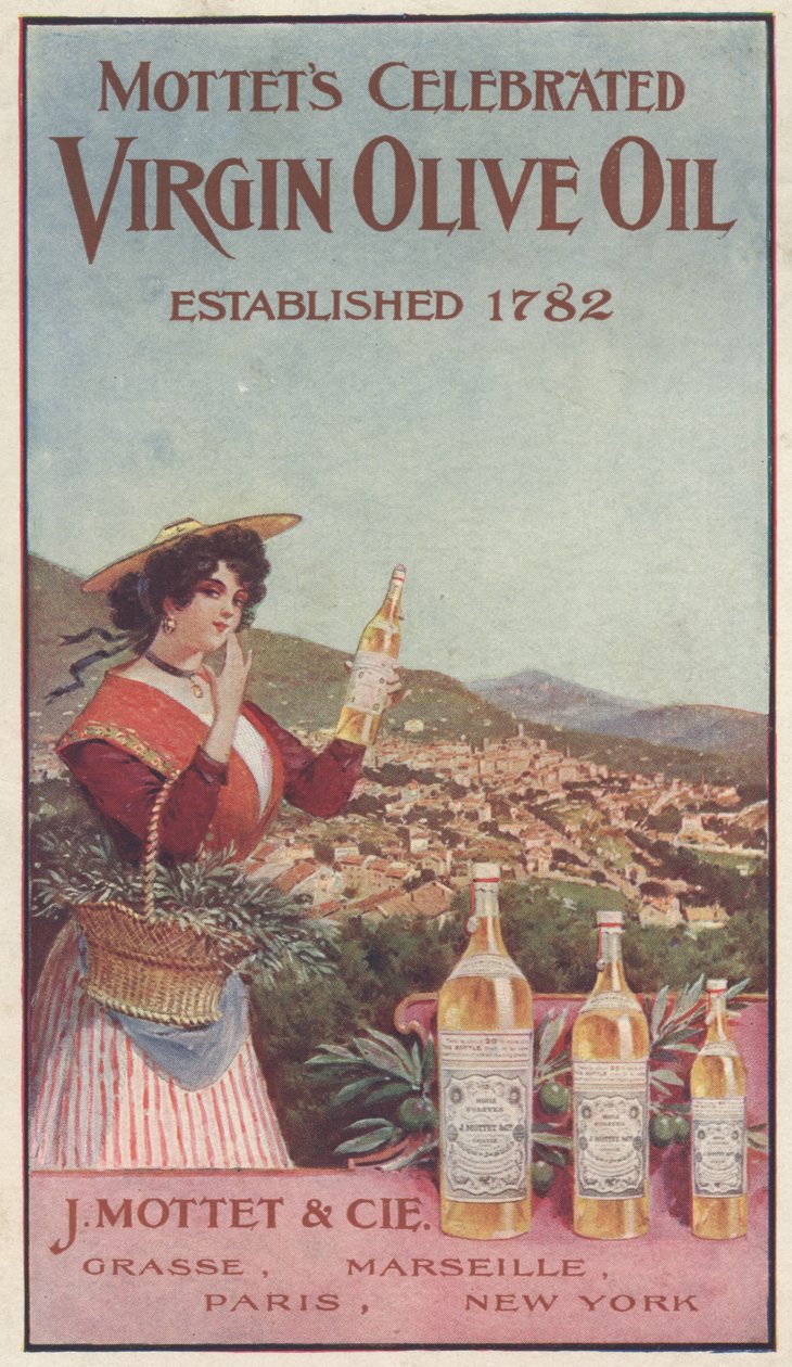 Mainos Mottets Celebred Virgin Olive Oilille, n. 1900 tekijältä American School