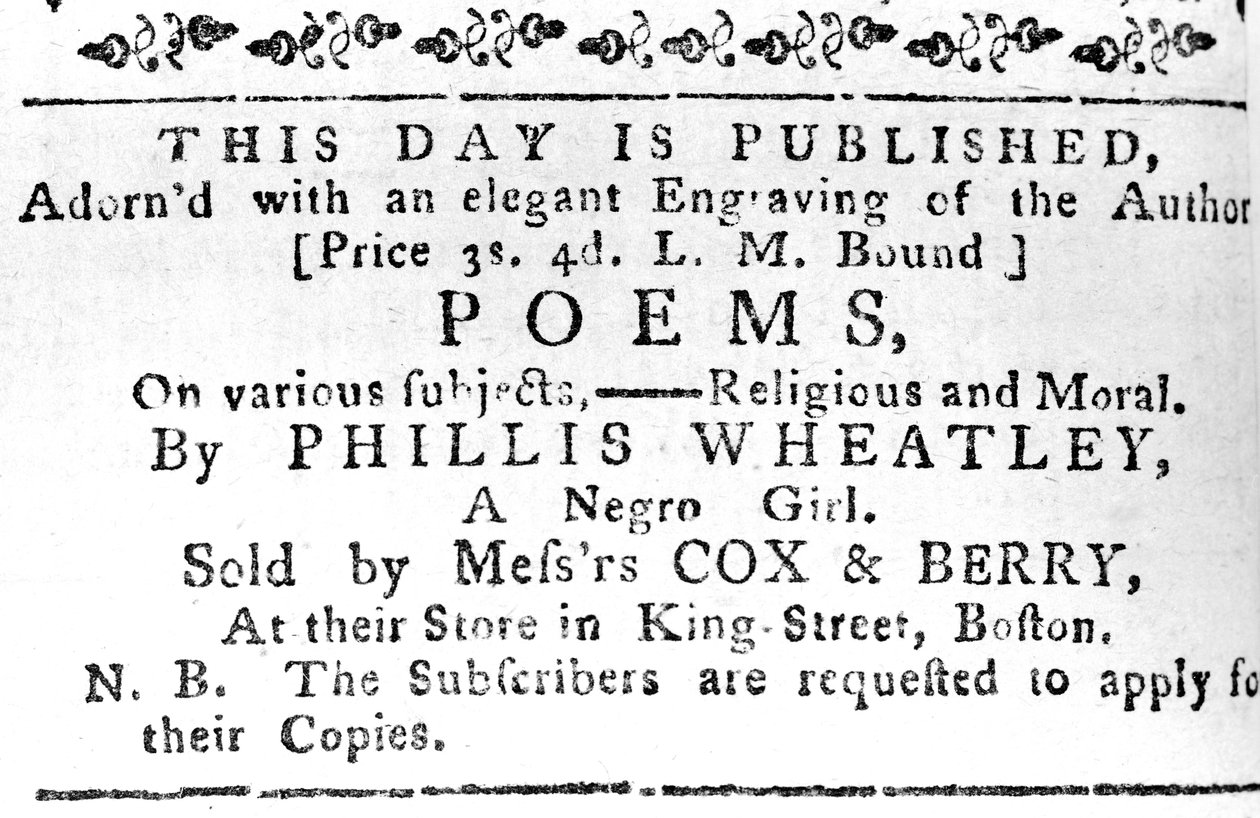 Mainos Phillis Wheatleyn ensimmäisestä kirjasta, Boston Gazette, 7. helmikuuta 1774 (sanomalehtipaperi) tekijältä American School