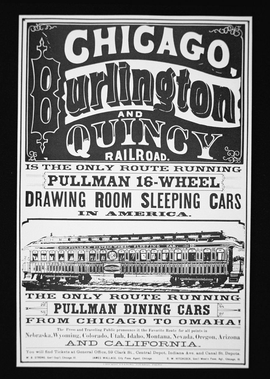 Mainos Pullman Cars of Chicagosta, n. 1875 (litho) tekijältä American School